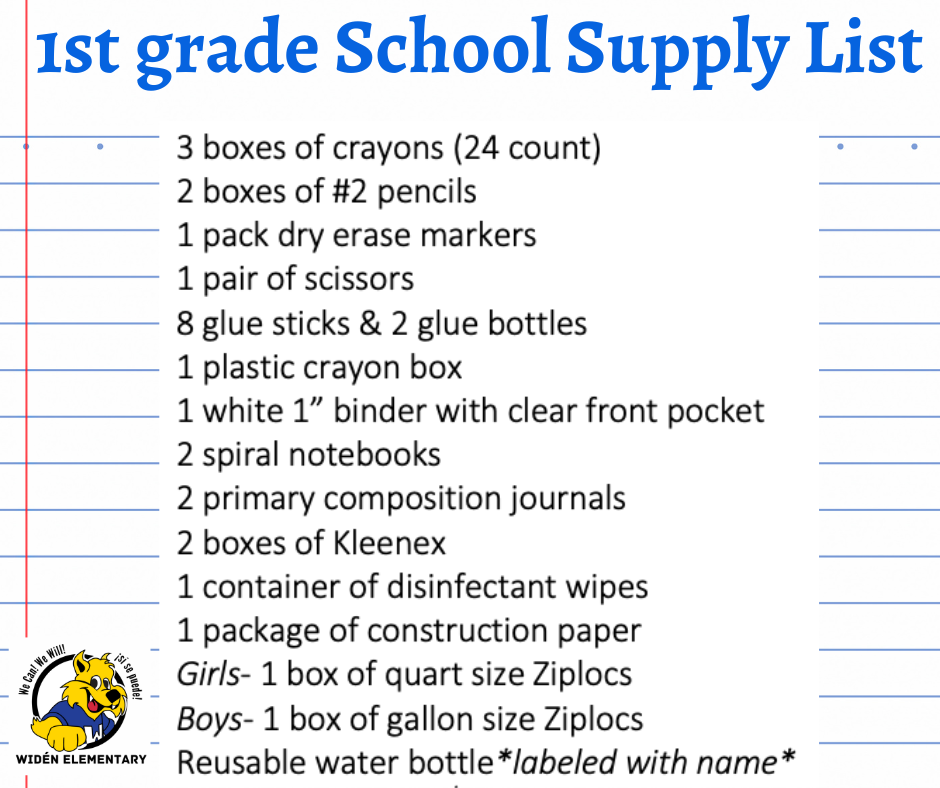 1st Grade School Supply List- English