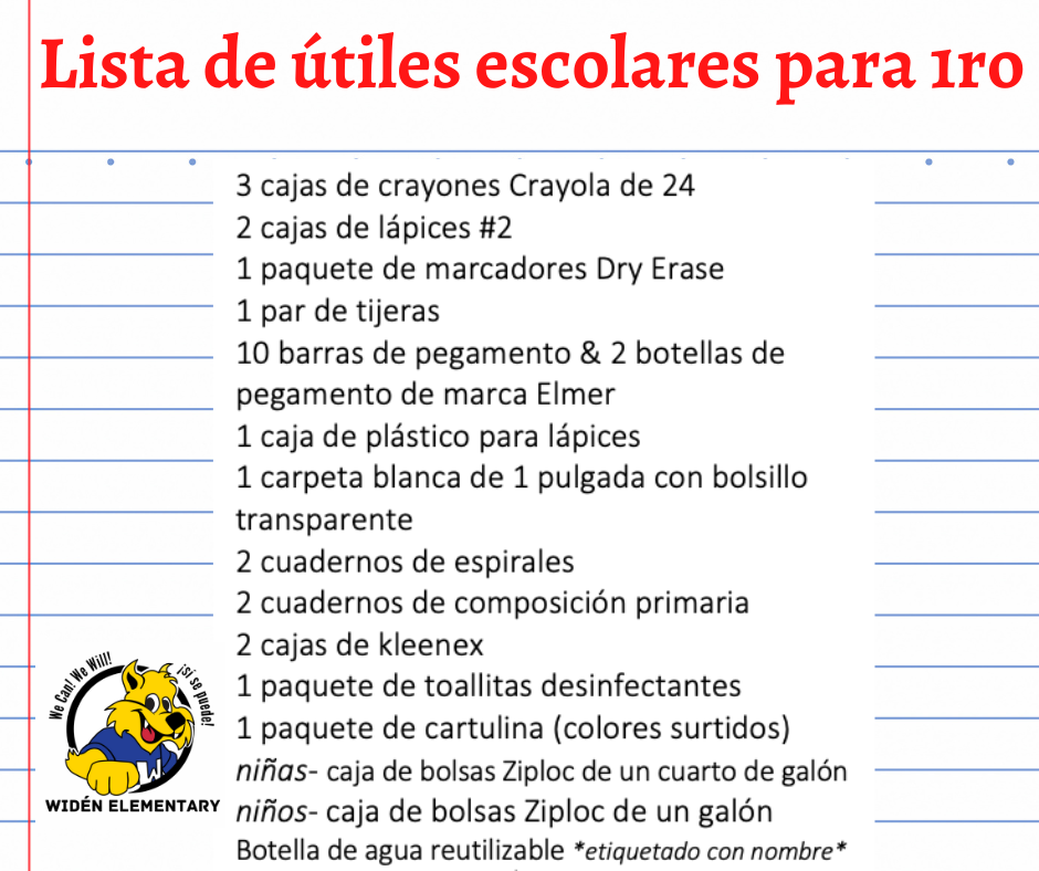 1st Grade School Supply List- Spanish