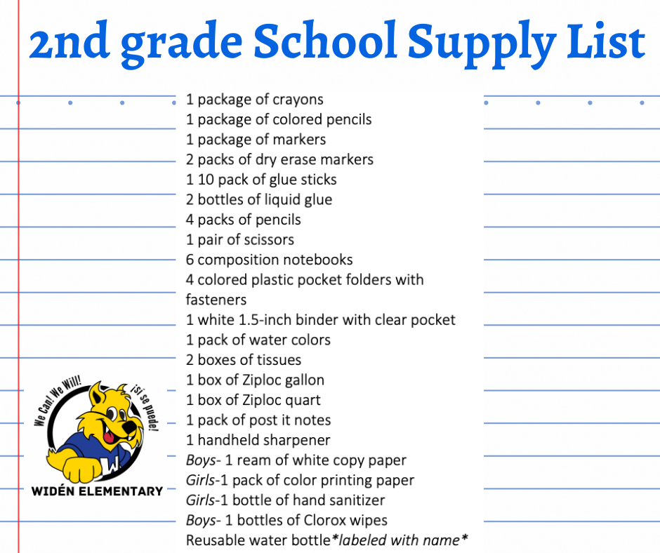 2nd Grade School Supply List- English