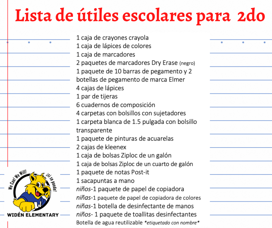 2nd Grade School Supply List- Spanish