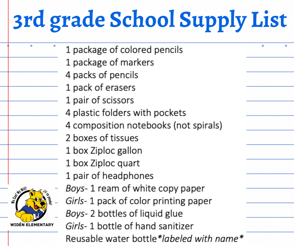 3rd Grade School Supply List- English