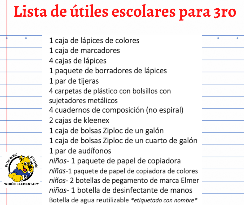 3rd Grade School Supply List- Spanish