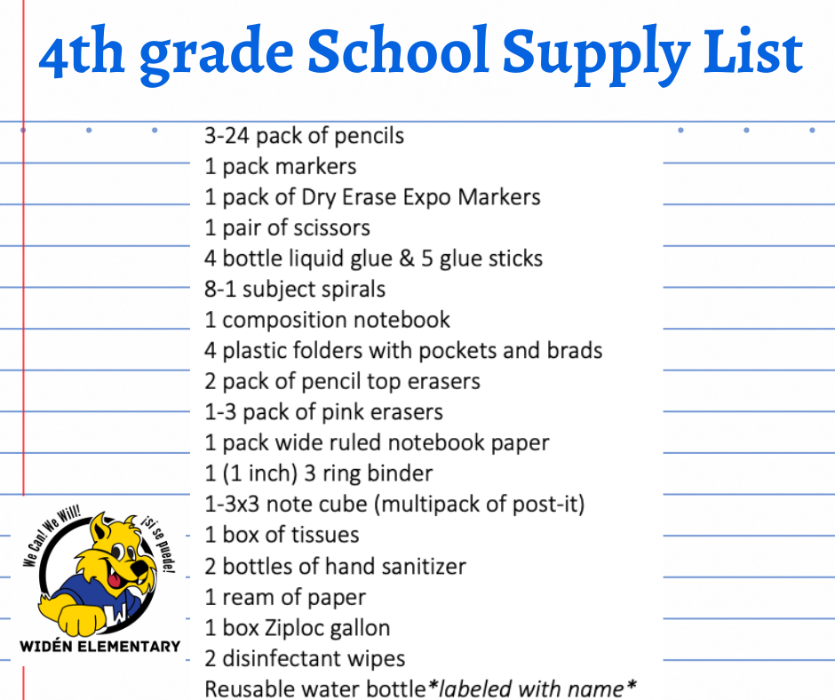 4th Grade School Supply List- English
