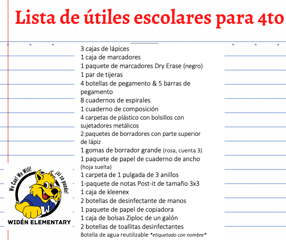 4th Grade School Supply List- Spanish