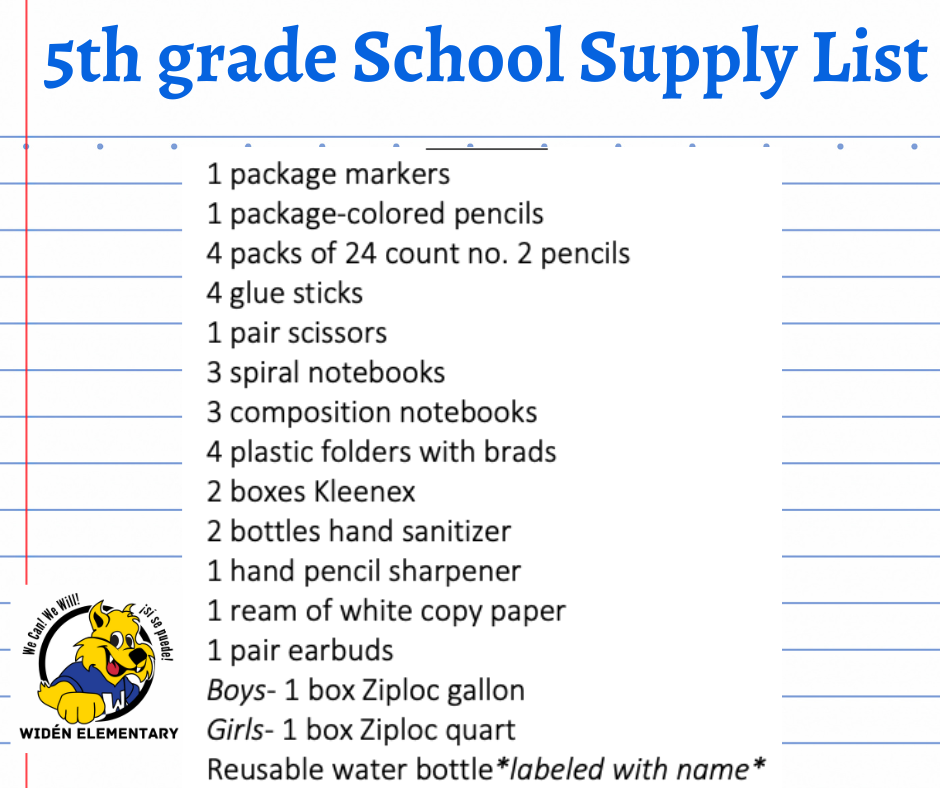 5th Grade School Supply List- English