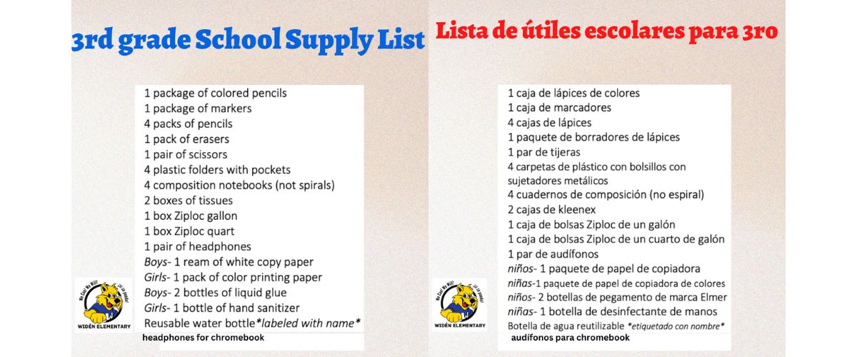 3rd Grade School Supply List