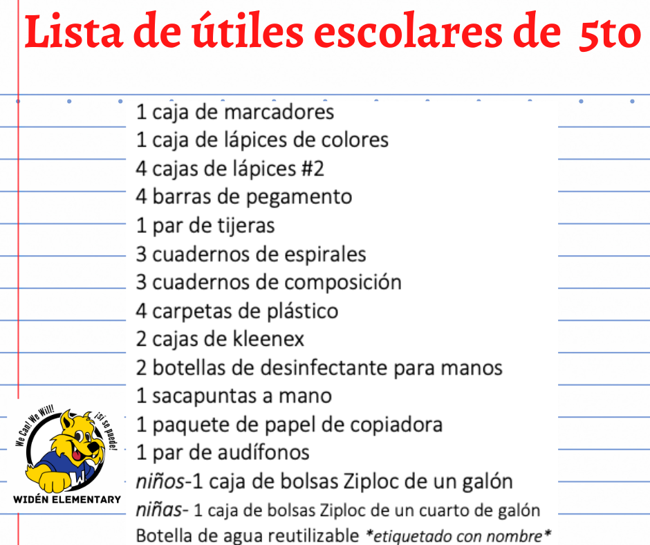 5th Grade School Supply List- Spanish