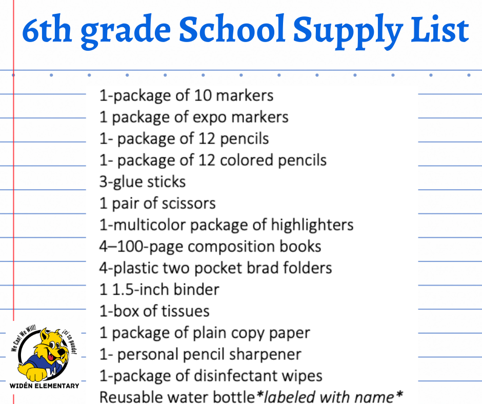 6th Grade School Supply List- English