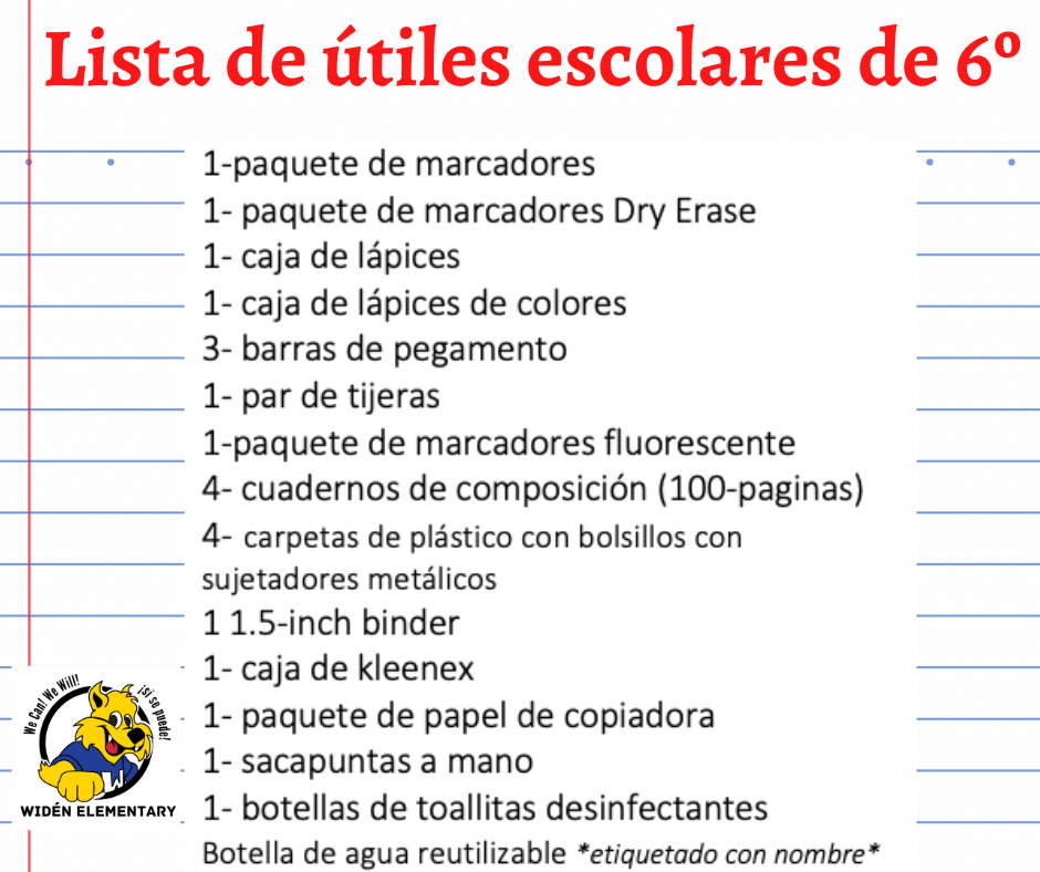 6th Grade School Supply List- Spanish