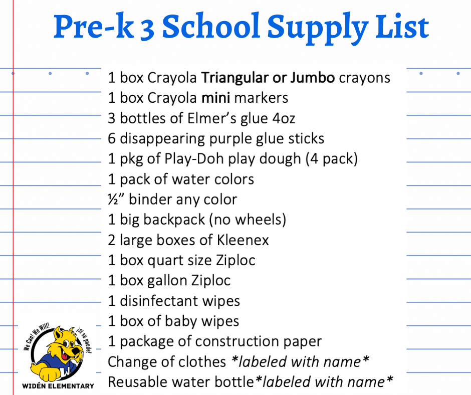 PK 3 School Supply List- English