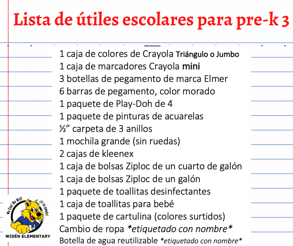 PK 3 School Supply List- Spanish