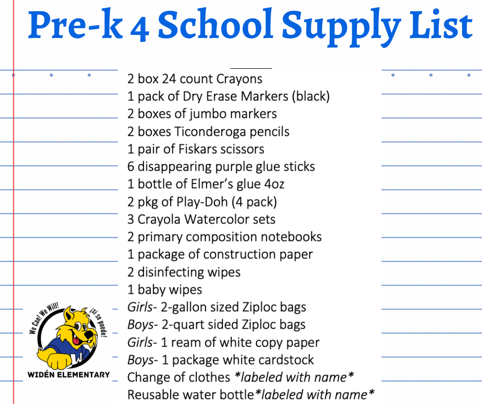 PK 4 School Supply List- English