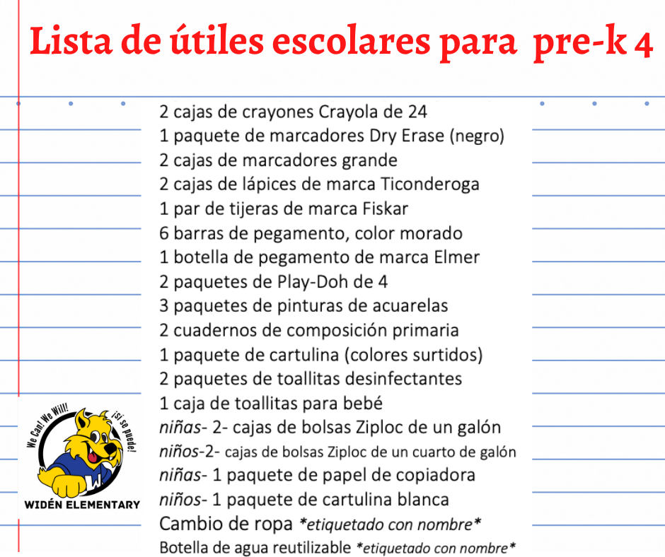 PK 4 School Supply List- Spanish